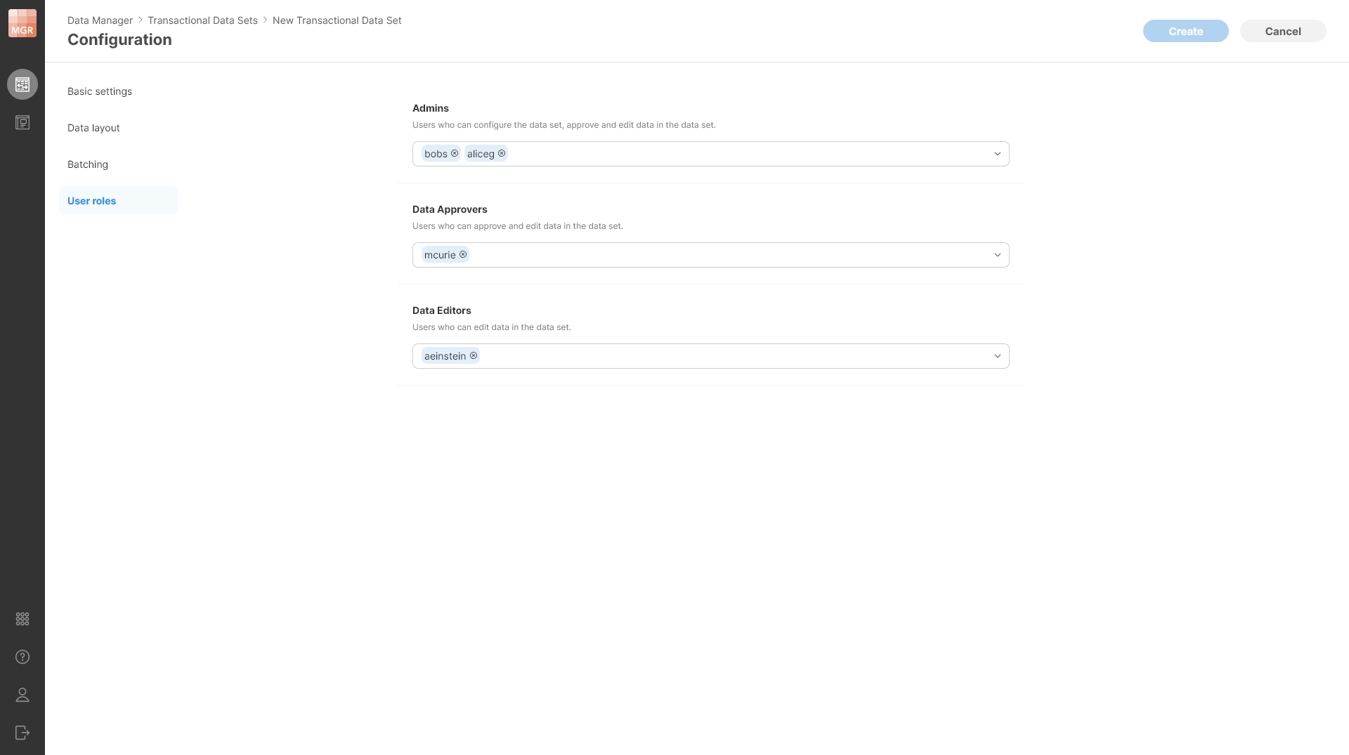 data manager create transactional data set user roles