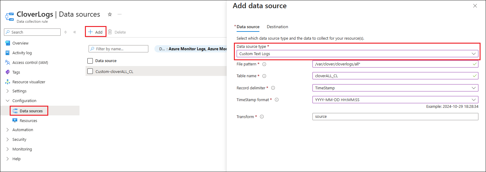 marketplace azure DCR add data source