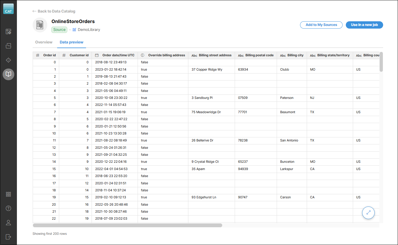 data catalog connector detail data preview