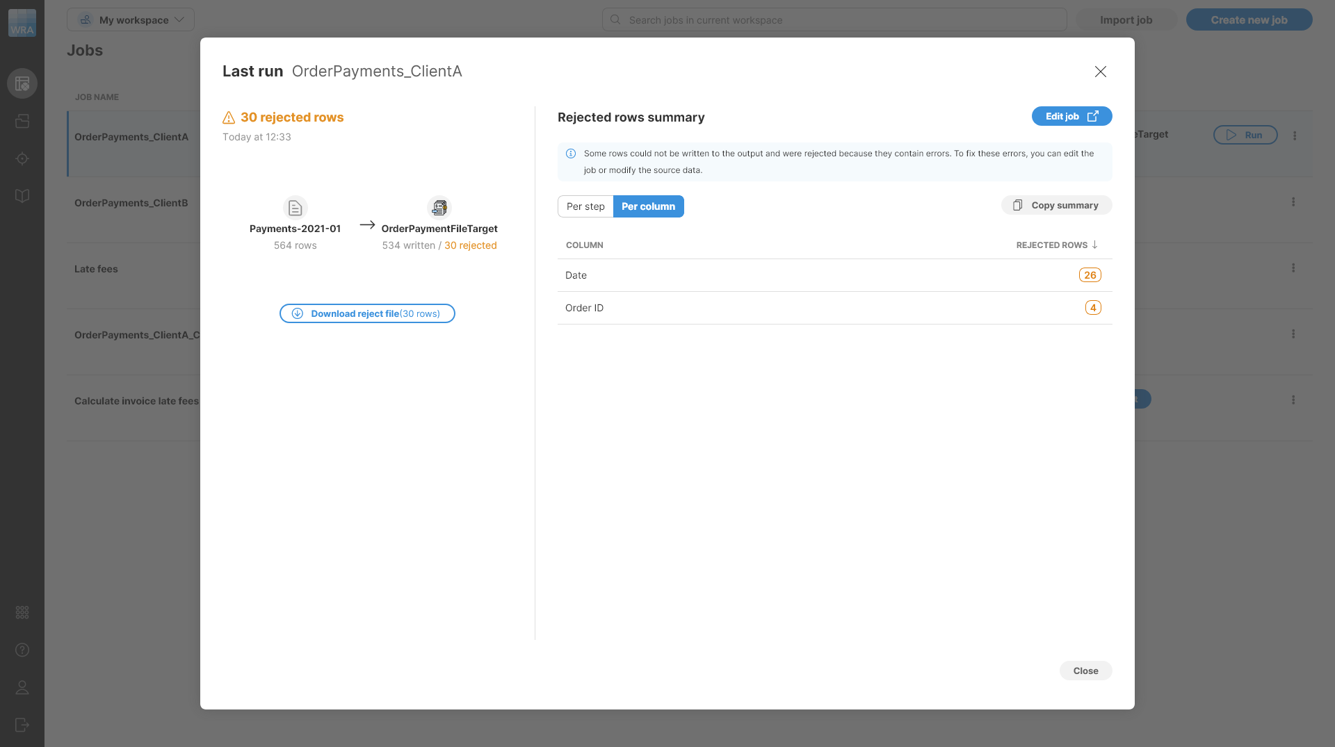 last run detail rejects per column