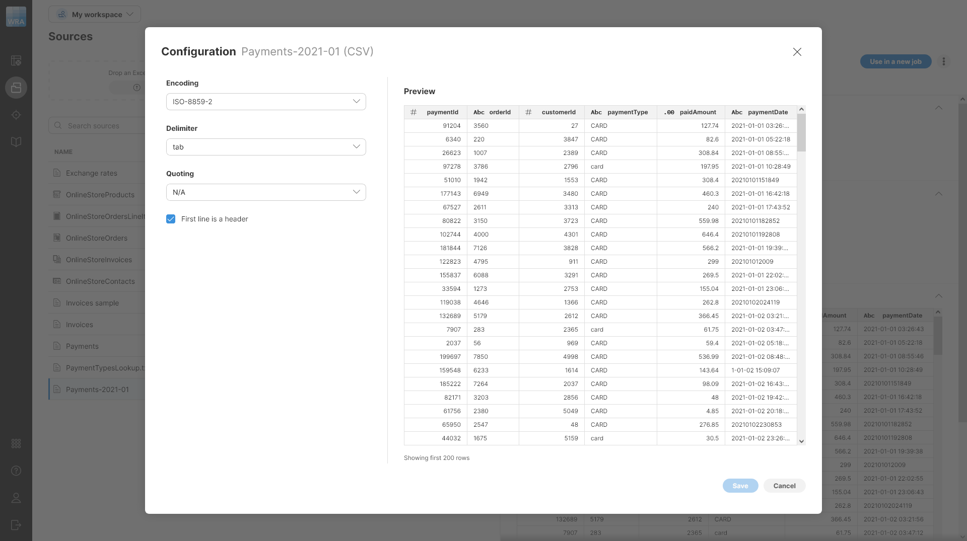 sources csv file edit settings