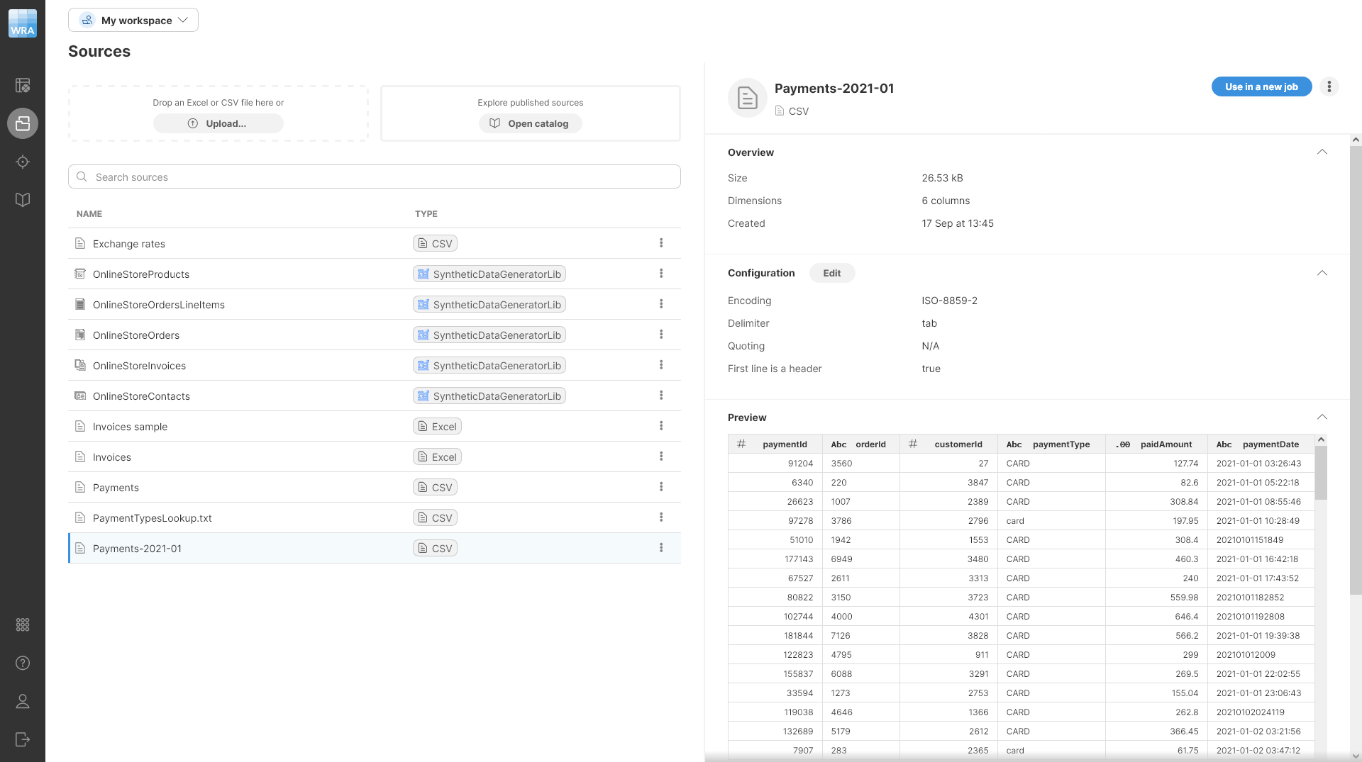 sources csv file preview