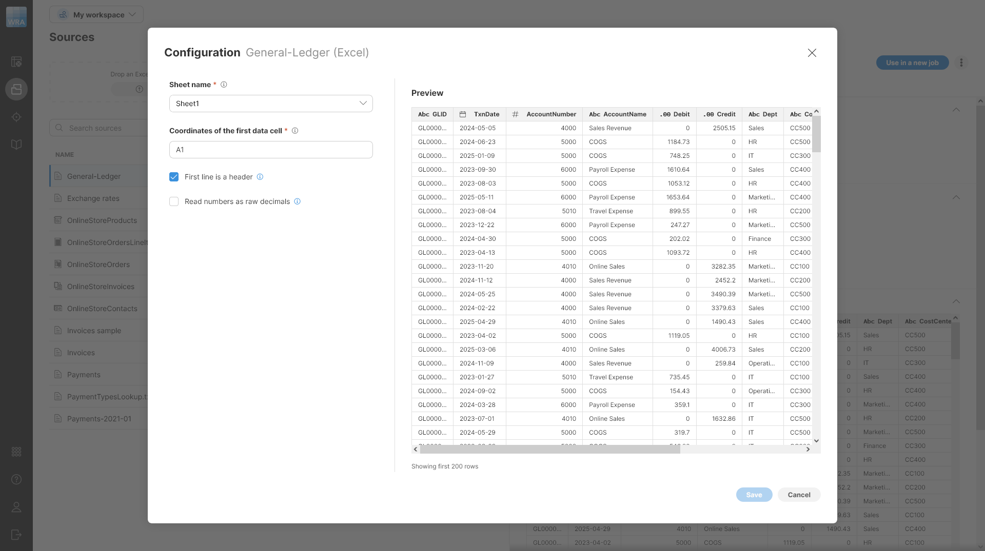 sources excel file configuration