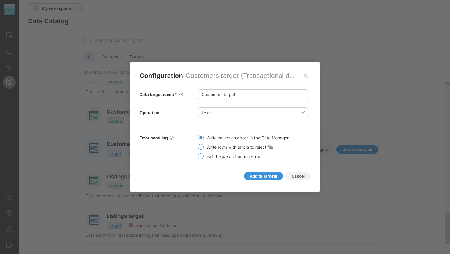 add to targets transactional data set