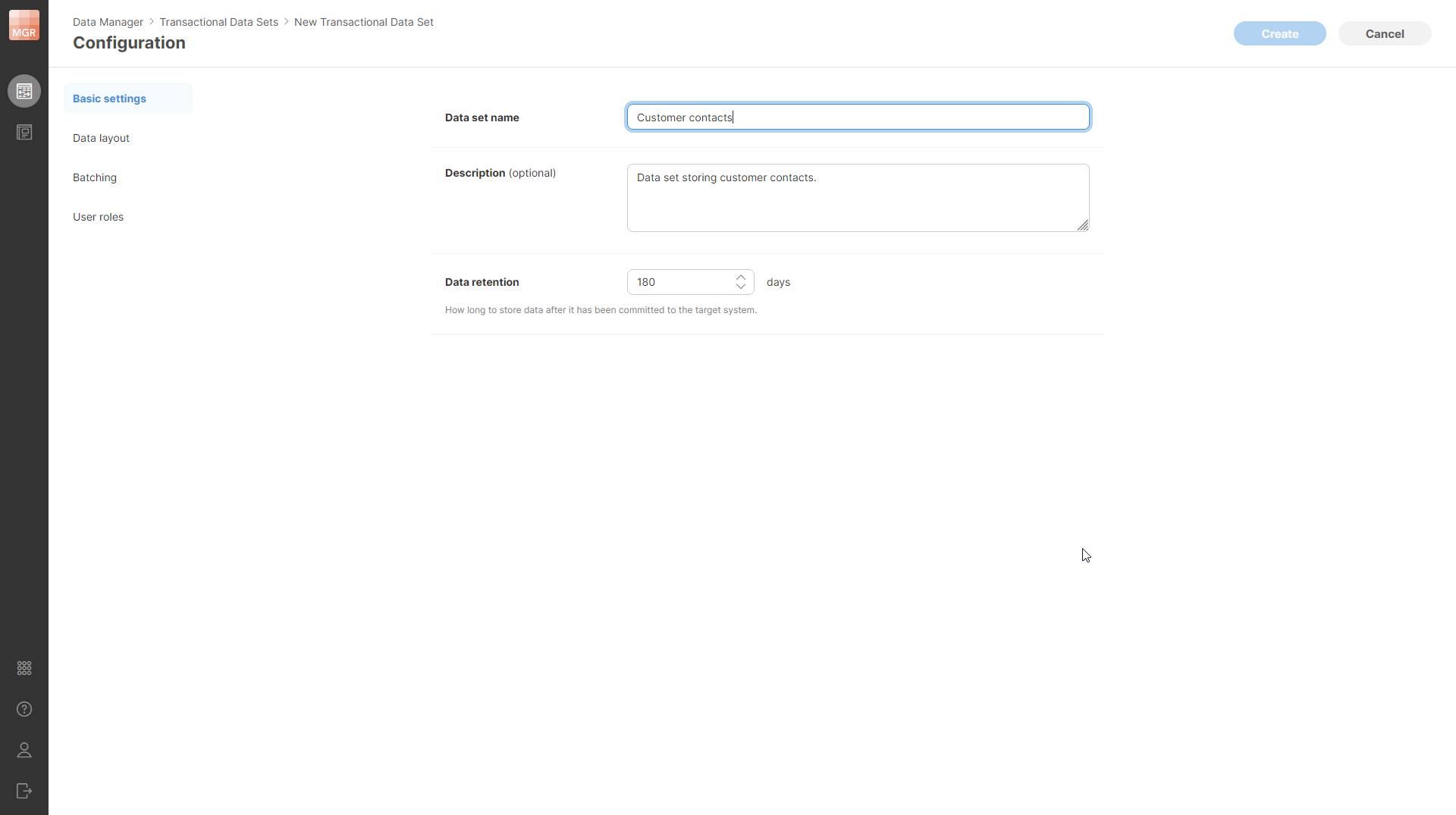 data manager create transactional data set basic settings