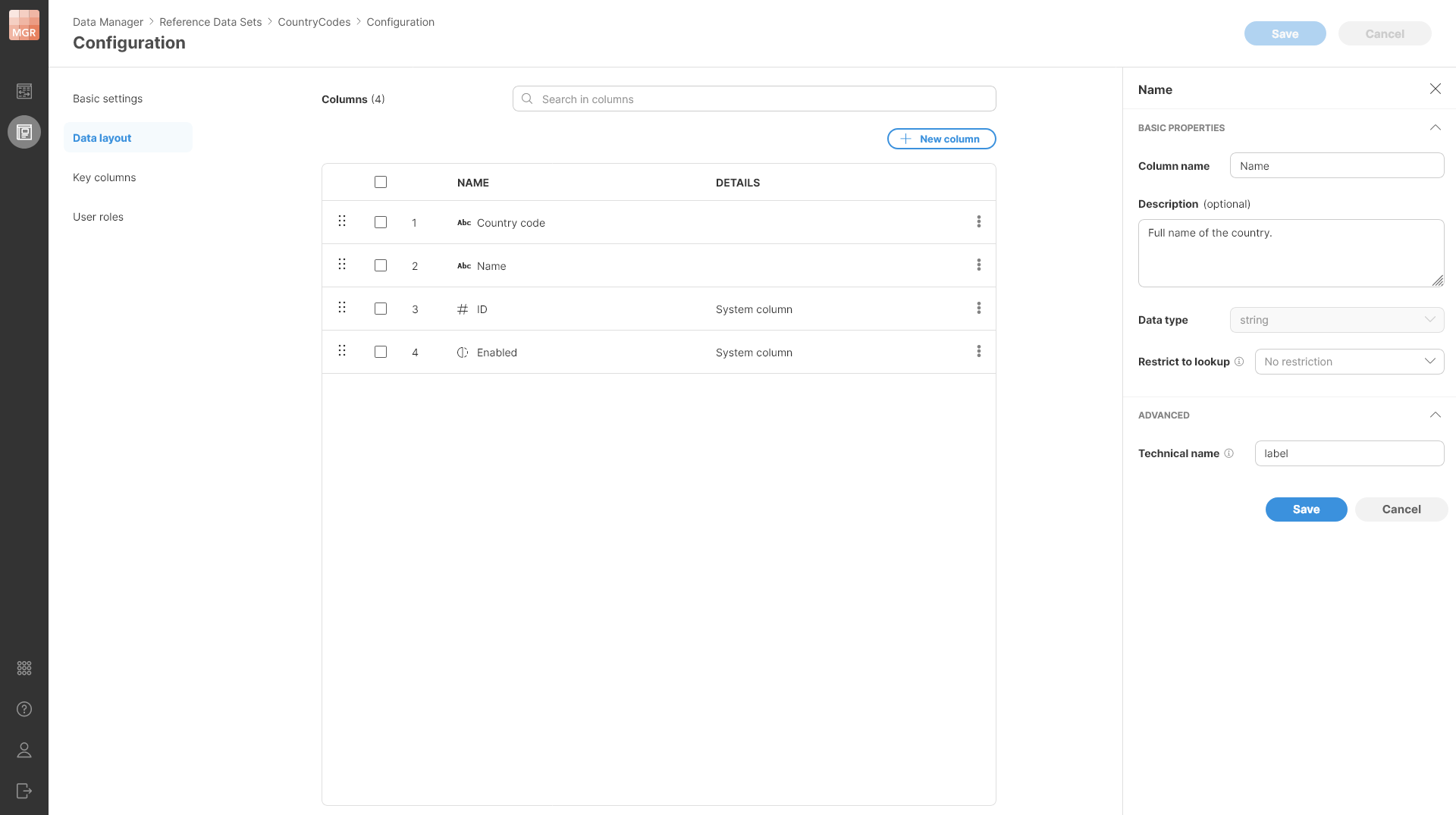 data manager reference data set lookup column config