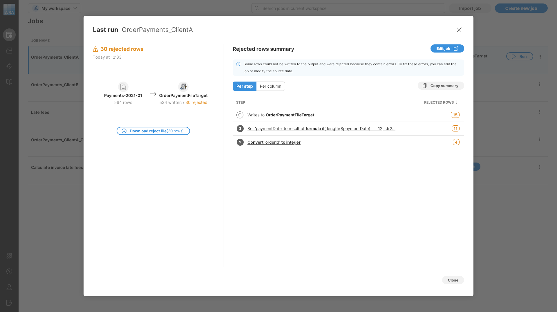 last run detail rejects per step