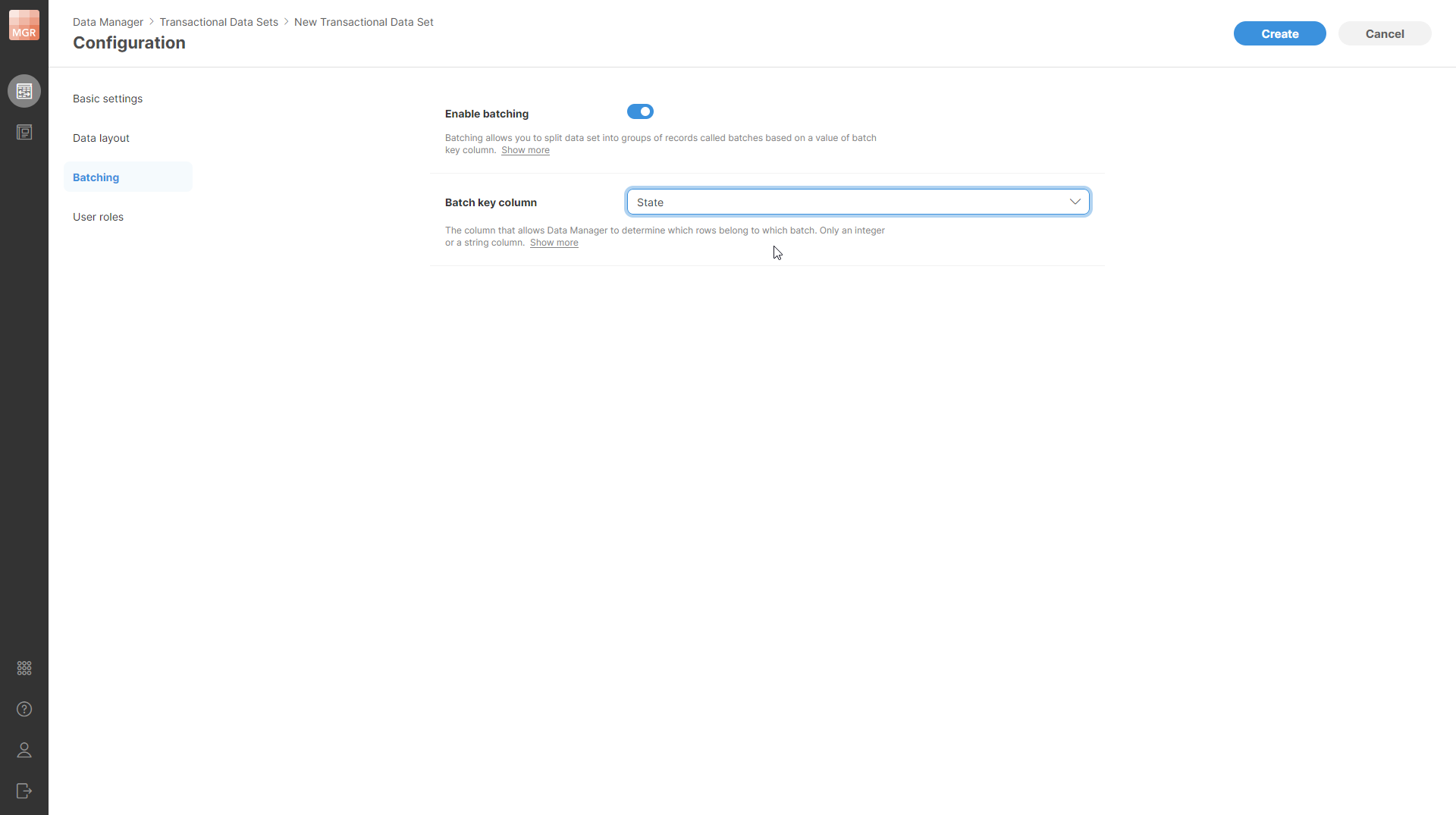 data manager create transactional data set batching