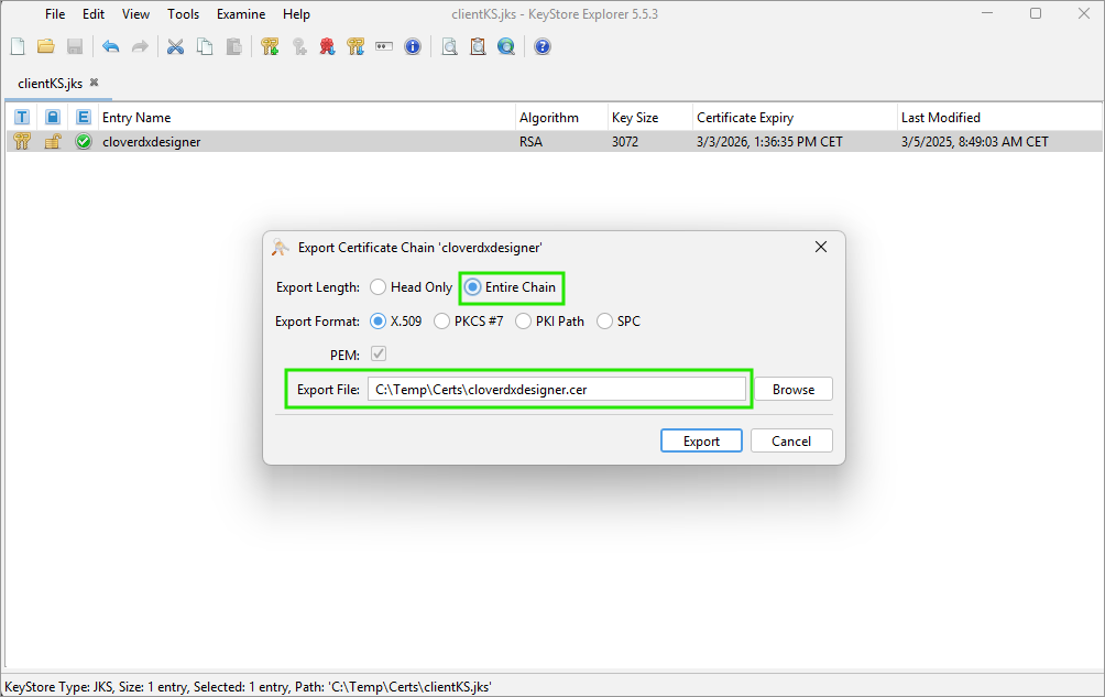 keystore 18 cert export