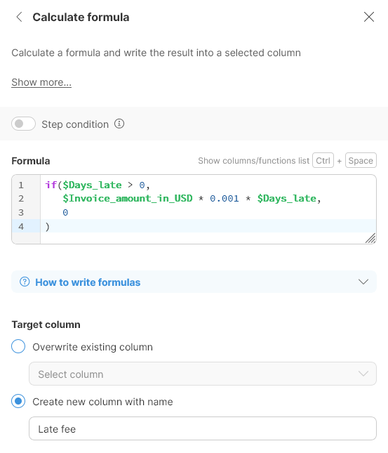 wrangler tutorial add step late fee formula