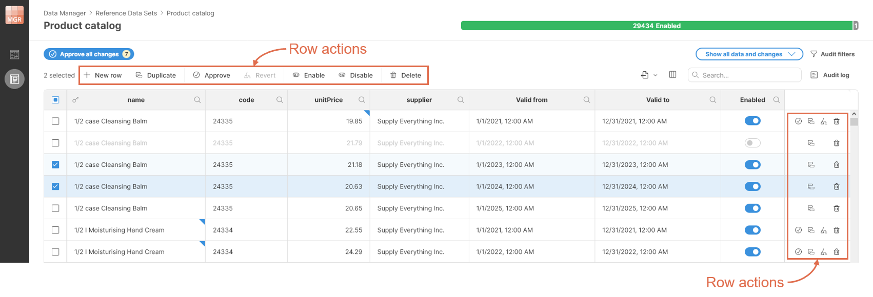 data editor ui elements with labels reference data sets