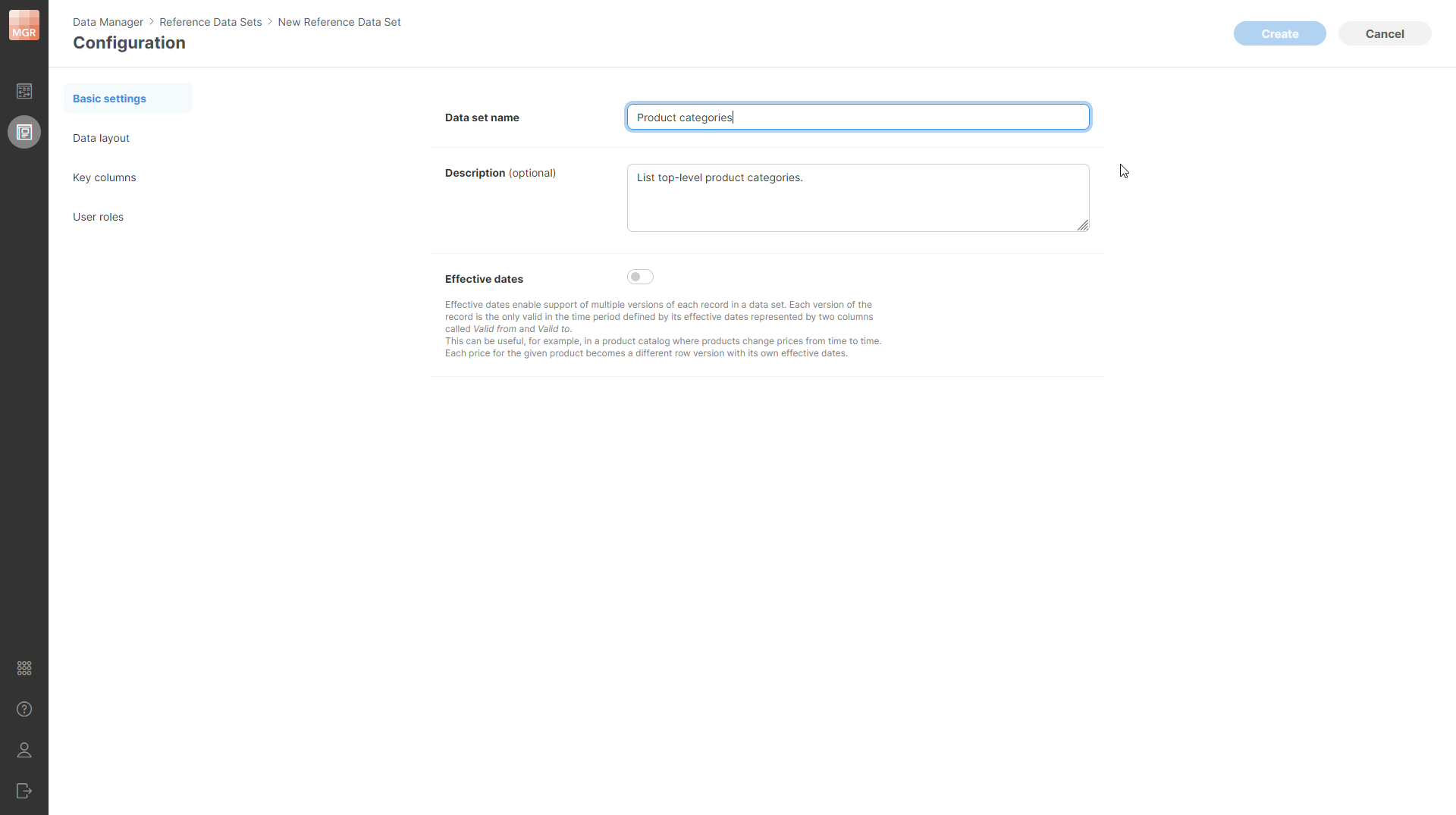 data manager create reference data set basic settings