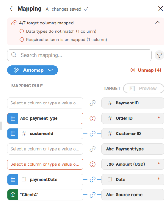 target mapping data types error