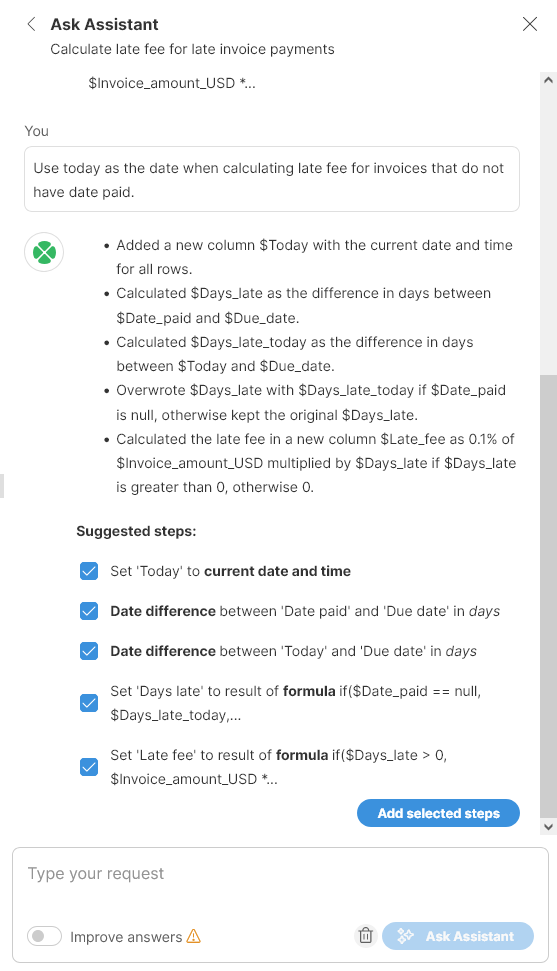 wrangler tutorial add late fee continue conversation suggestions