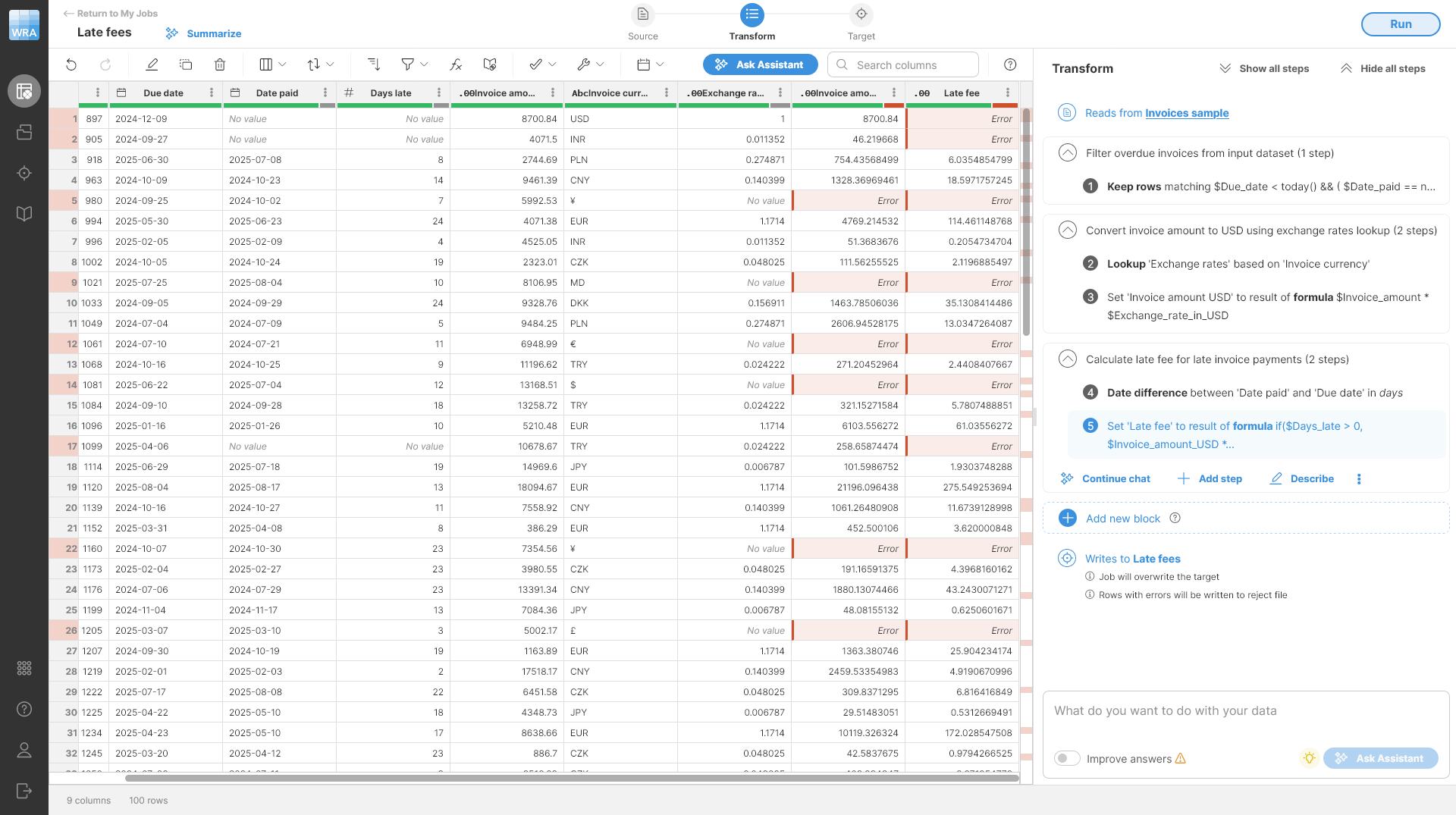 wrangler tutorial add late fee data errors