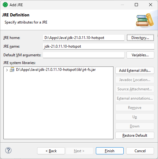 configuration java add jre definition