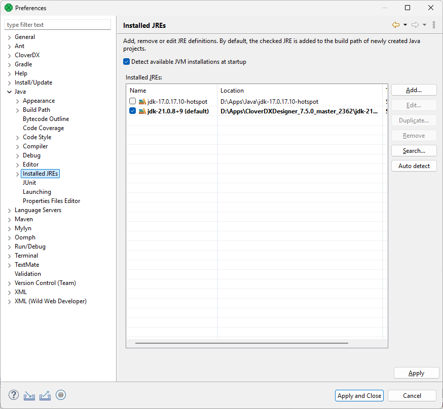 configuration java installed jres
