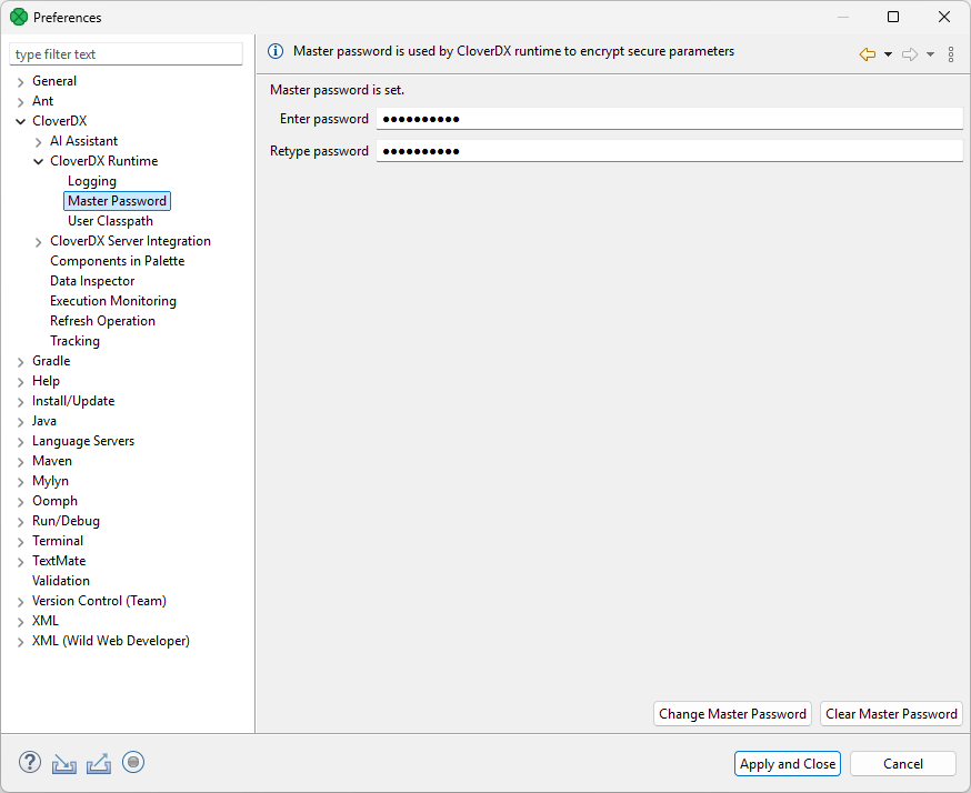 configuration runtime master password