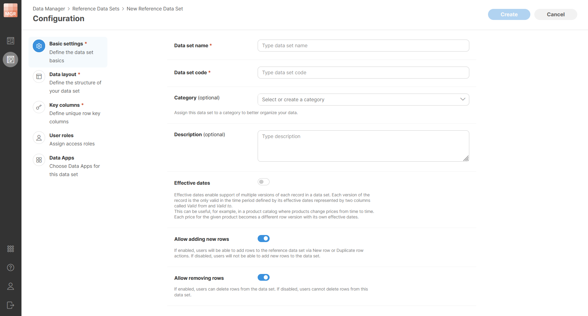 data manager create reference data set basic settings