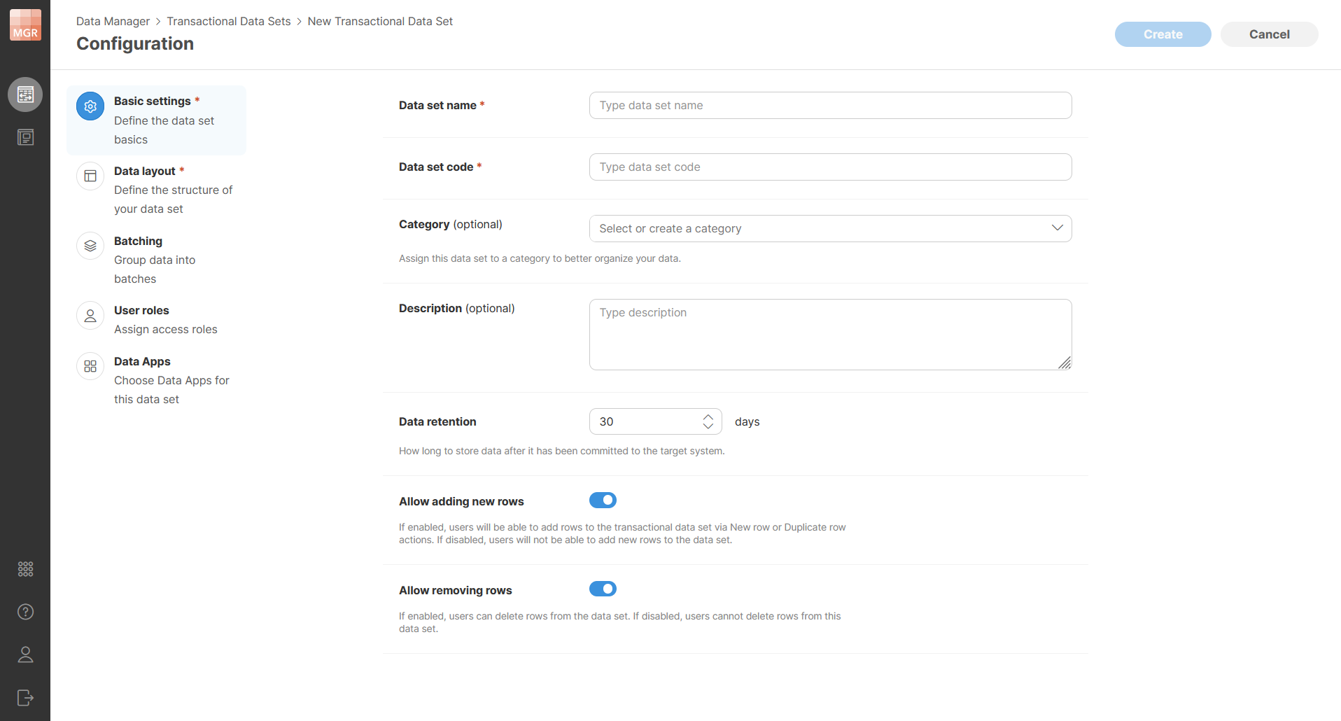 data manager create transactional data set basic settings
