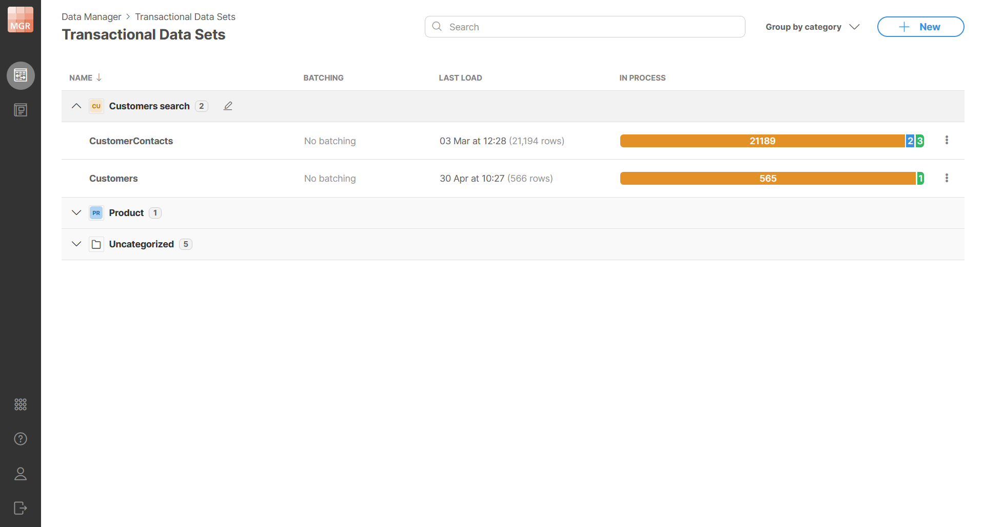 data manager data set categories