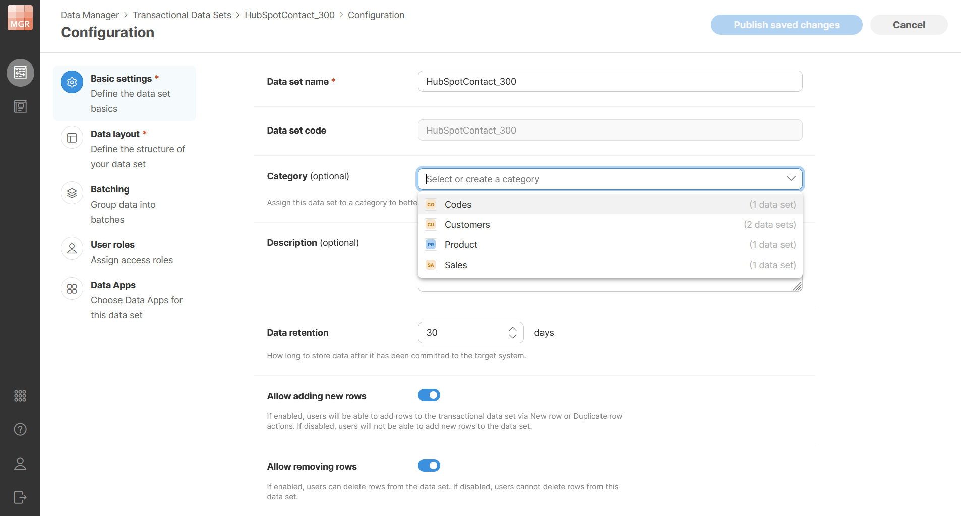 data manager data set category configuration