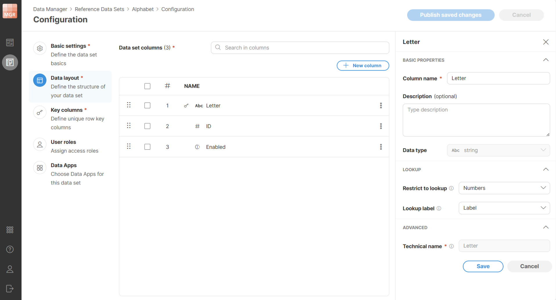 data manager reference data set lookup column config