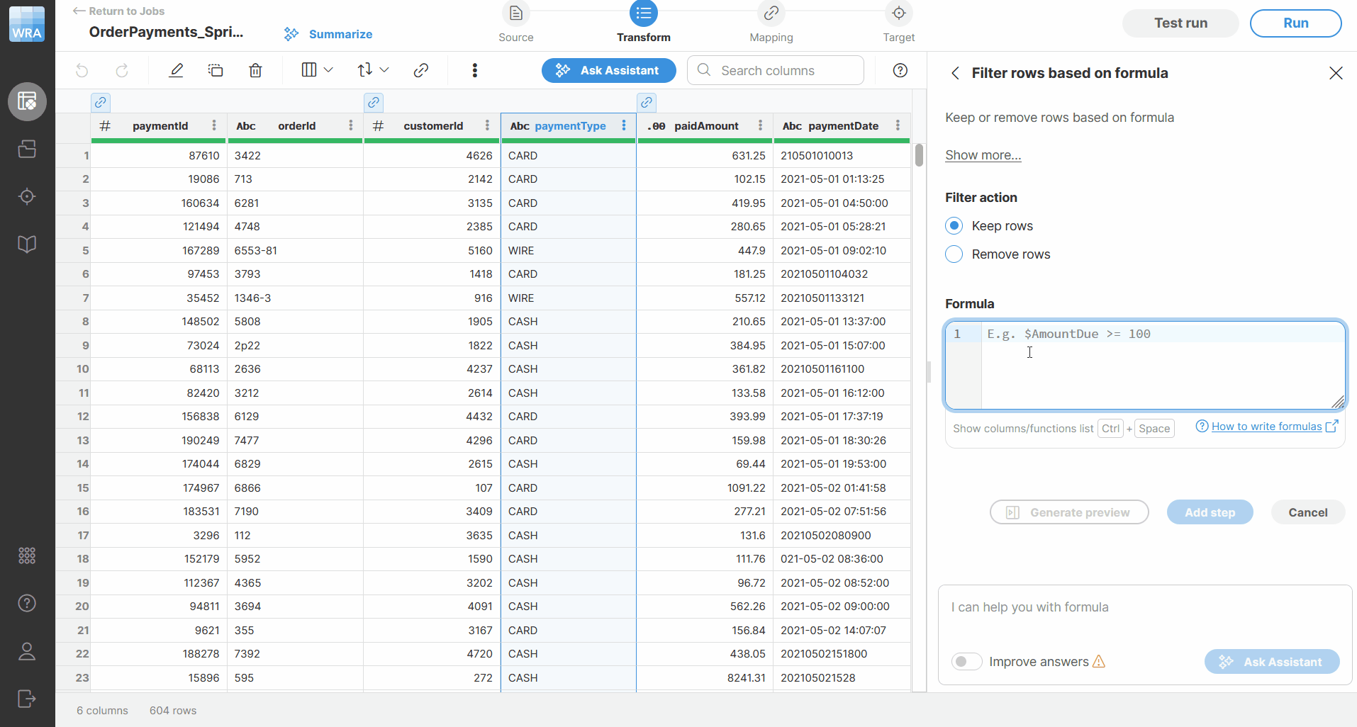 step preview filtered out rows