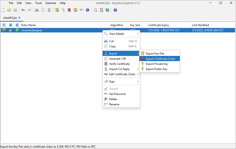 keystore 17 cert export