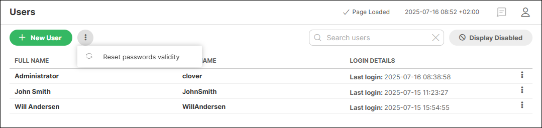 user reset passwords validity