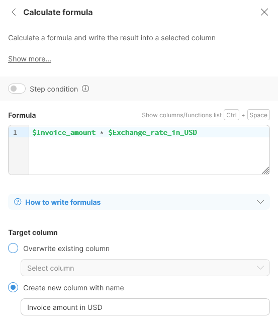 wrangler tutorial add step formula currency conversion