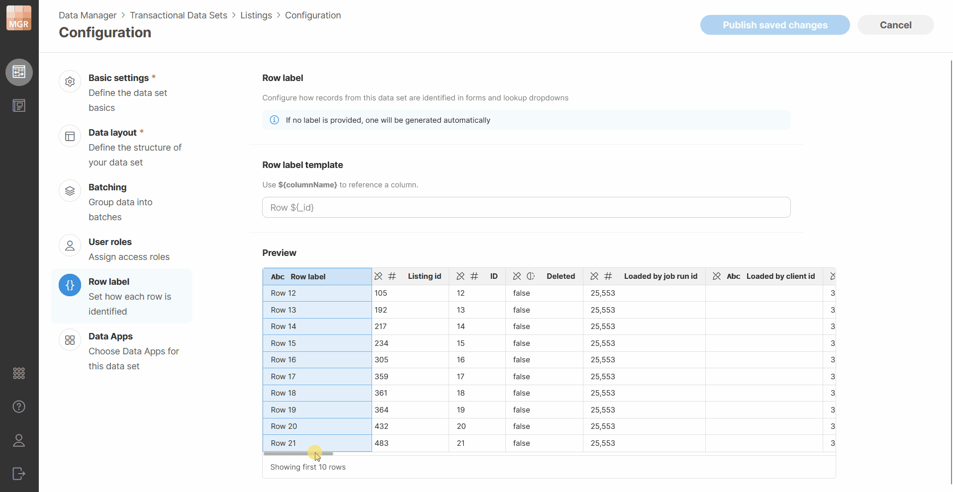 data manager row label configuration