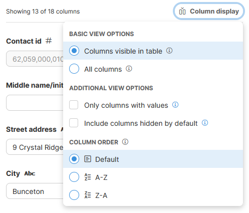 data manager sidebar column display menu