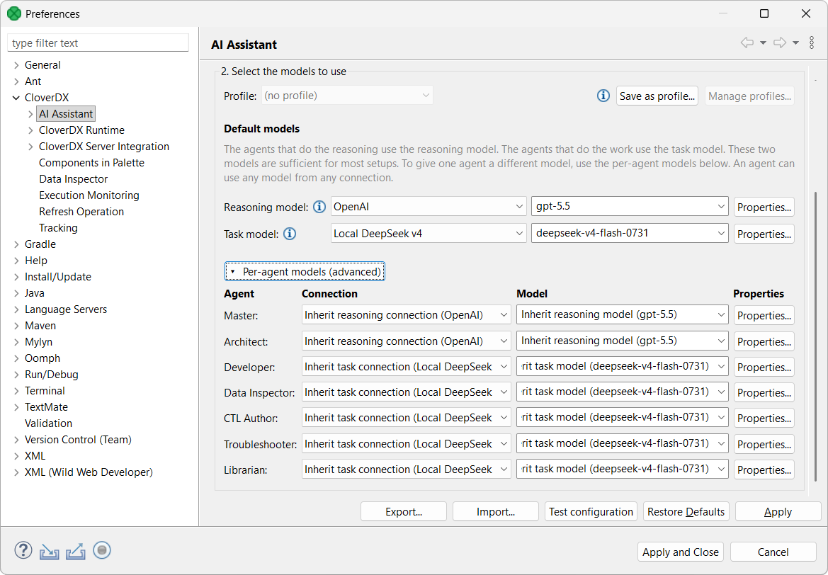 designer config ai assistant per agent settings