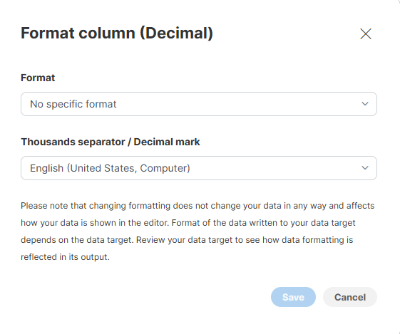 format dialog decimal column