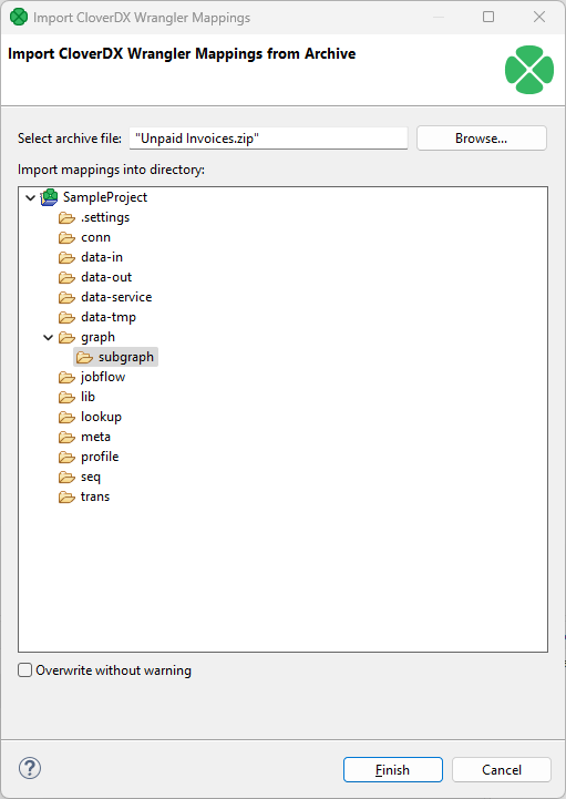 import wrangler mapping select folder