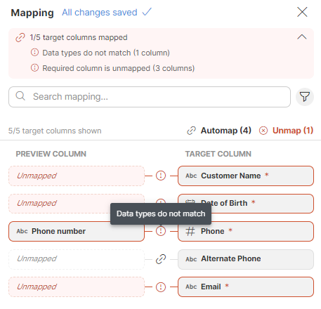 target mapping data types error